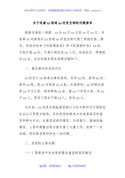 关于巡察xx街道xx村党支部的问题清单