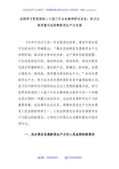法院学习贯彻党的二十届三中全会精神研讨发言：努力以高质量司法保障新质生产力发展