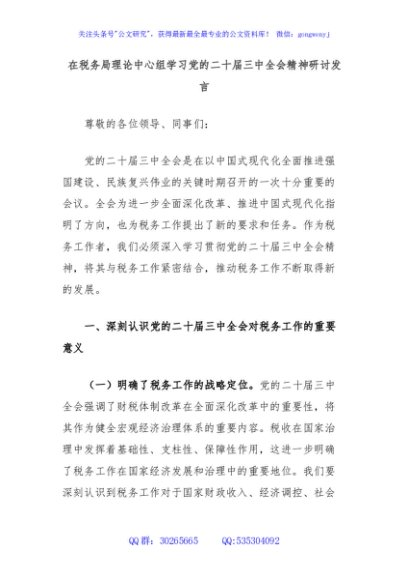 在税务局理论中心组学习党的二十届三中全会精神研讨发言