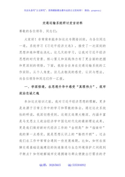 交通运输系统研讨发言材料