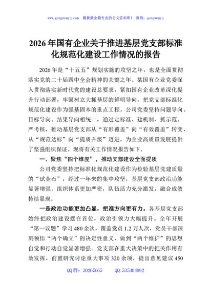 2026年国有企业关于推进基层党支部标准化规范化建设工作情况的报告