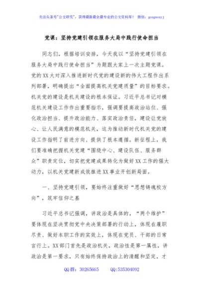 党课：坚持党建引领在服务大局中践行使命担当
