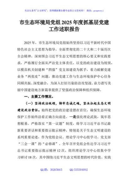 市生态环境局党组2025年度抓基层党建工作述职报告
