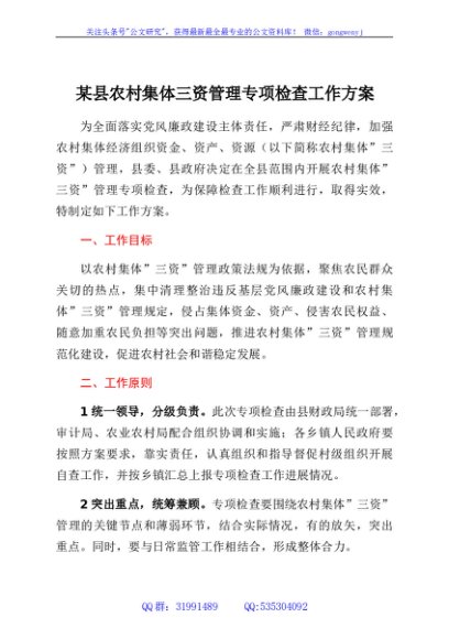 某县农村集体三资管理专项检查工作方案