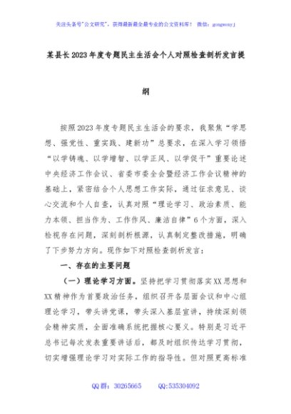 某县长2023年度专题民主生活会个人对照检查剖析发言提纲