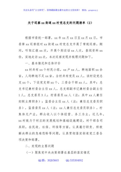 关于巡察xx街道xx村党总支的问题清单（2）