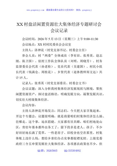XX村盘活闲置资源壮大集体经济专题研讨会会议记录
