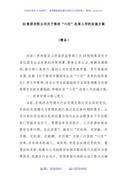 XX集团有限公司关于推进“六定”改革工作的实施方案（精品）