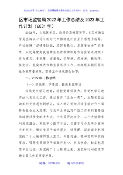 区市场监管局2022年工作总结及2023年工作计划