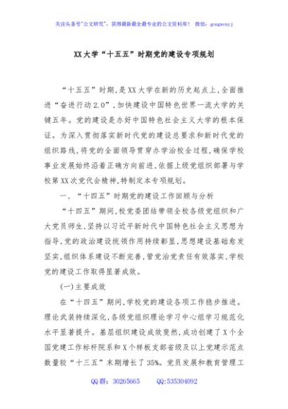 XX大学“十五五”时期党的建设专项规划