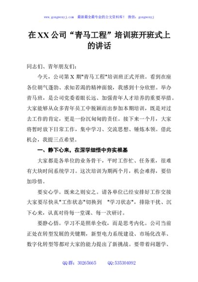 在XX公司“青马工程”培训班开班式上的讲话