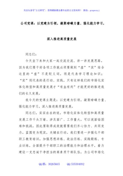 公司党课：以党建为引领，凝聚磅礴力量、强化能力学习，深入推进高质量发展