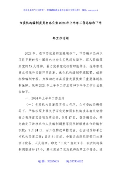 市委机构编制委员会办公室2024年上半年工作总结和下半年工作计划
