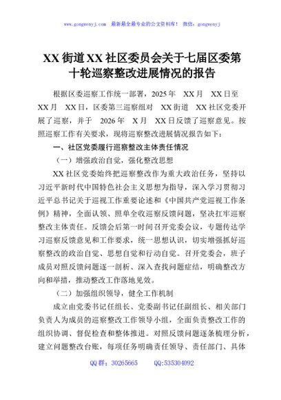 XX街道XX社区委员会关于七届区委第十轮巡察整改进展情况的报告