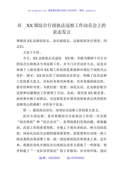 在XX镇综合行政执法巡察工作动员会上的表态发言