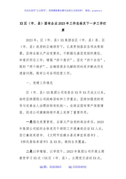 XX区（市、县）国有企业2023年工作总结及下一步工作打算