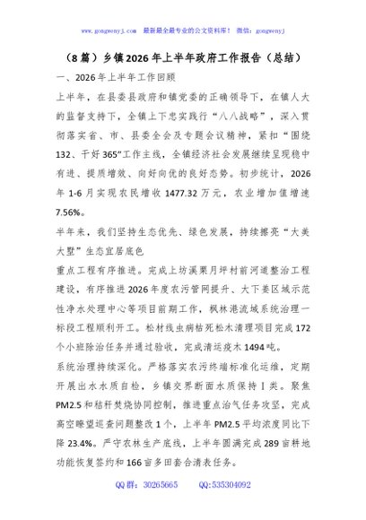 （8篇）乡镇2026年上半年政府工作报告（总结）