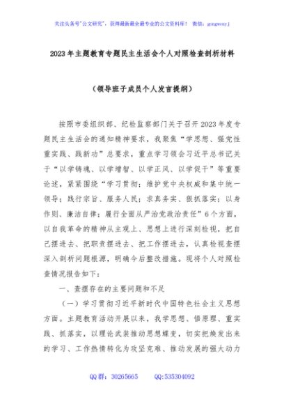 2023年主题教育专题民主生活会个人对照检查剖析材料（领导班子成员个人发言提纲）