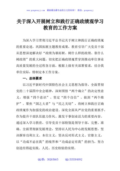 关于深入开展树立和践行正确政绩观学习教育的工作方案