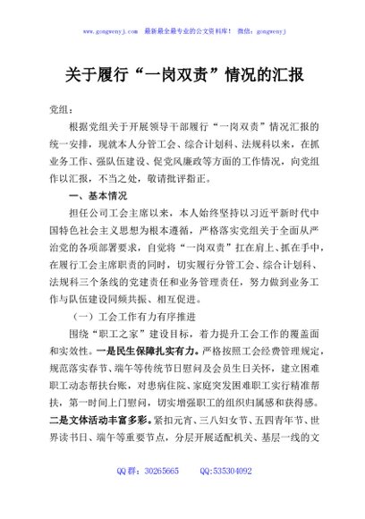 关于履行“一岗双责”情况的汇报