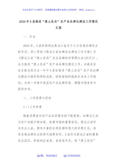 2024年X县推进“黑土优品”农产品品牌化建设工作情况汇报