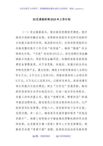 XX区委组织部2025年工作计划