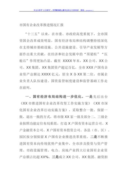 市国有企业改革推进情况汇报