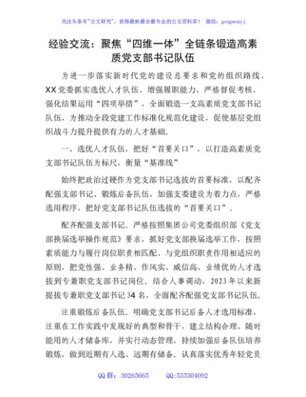 经验交流：聚焦“四维一体” 全链条锻造高素质党支部书记队伍