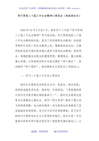 学习贯彻二十届三中全会精神心得体会（党政综合办）