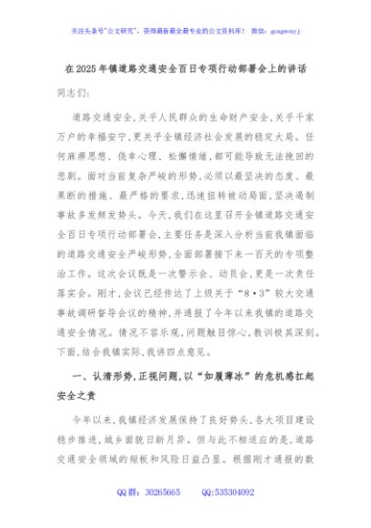 在2025年镇道路交通安全百日专项行动部署会上的讲话