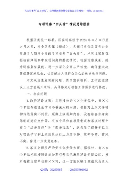 专项巡察“回头看”情况总结报告