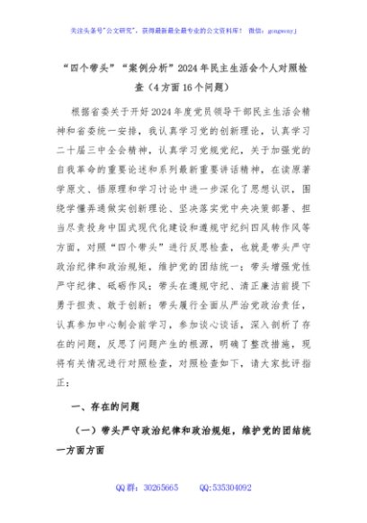 “四个带头”“案例分析”2024年民主生活会个人对照检查（4方面16个问题）