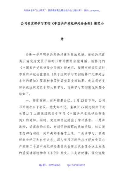 公司党支部学习贯彻《中国共产党纪律处分条例》情况小结