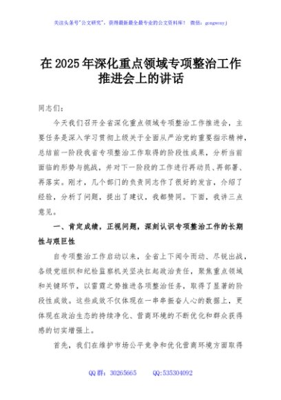 在2025年深化重点领域专项整治工作推进会上的讲话