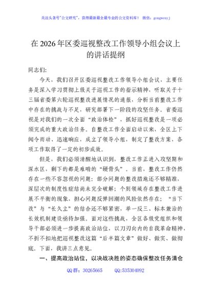 在2026年区委巡视整改工作领导小组会议上的讲话提纲