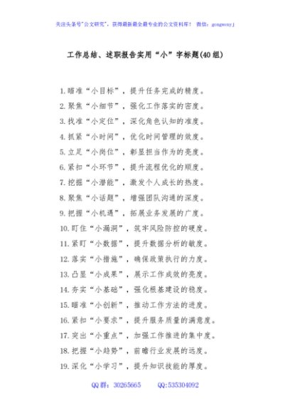 (40组)工作总结、述职报告实用“小”字标题