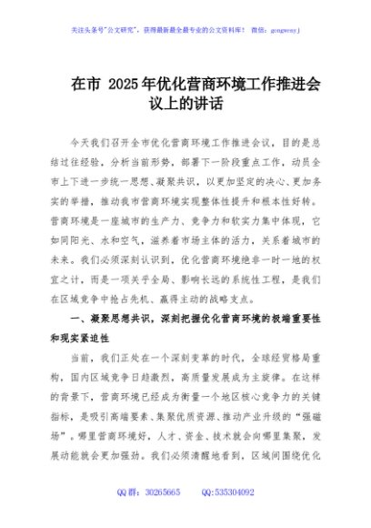 在市 2025年优化营商环境工作推进会议上的讲话