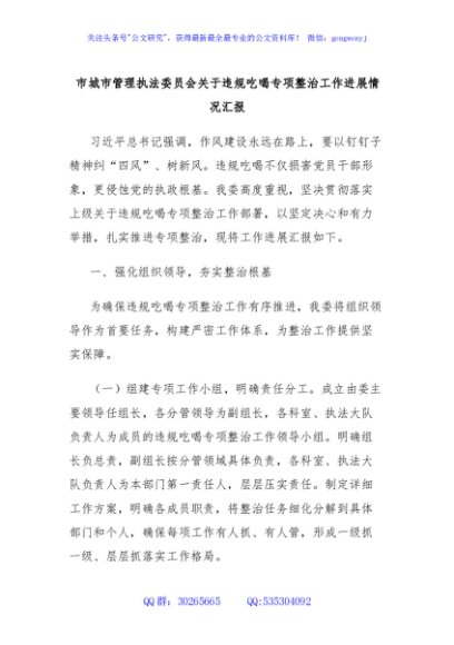 市城市管理执法委员会关于违规吃喝专项整治工作进展情况汇报
