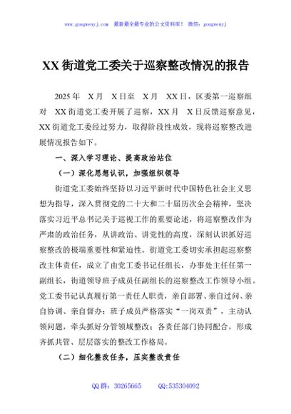 XX街道党工委关于巡察整改情况的报告