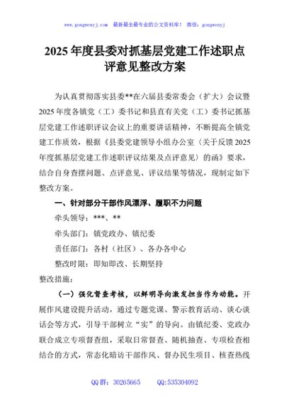 2025年度县委对抓基层党建工作述职点评意见整改方案