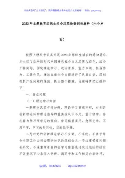2023年主题教育组织生活会对照检查剖析材料（六个方面）