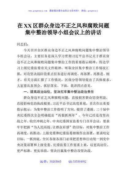 在XX区群众身边不正之风和腐败问题集中整治领导小组会议上的讲话