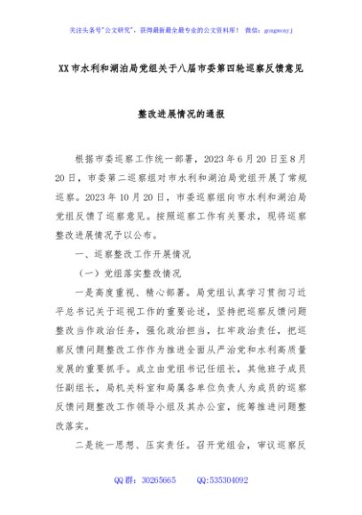 XX市水利和湖泊局党组关于八届市委第四轮巡察反馈意见整改进展情况的通报