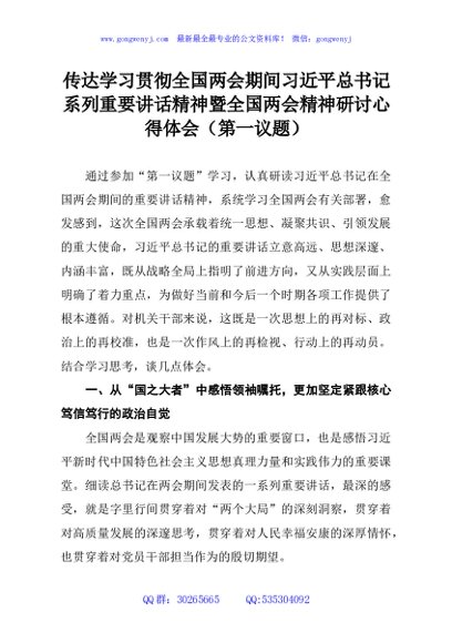 传达学习贯彻全国两会期间习近平总书记系列重要讲话精神暨全国两会精神研讨心得体会（第一议题）