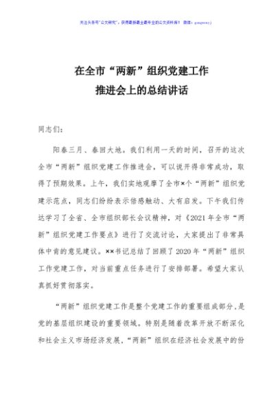 在全市两新组织党建工作推进会上的总结讲话