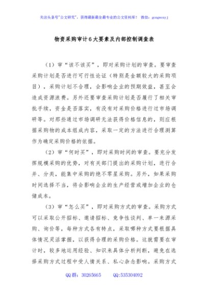 物资采购审计6大要素及内部控制调查表