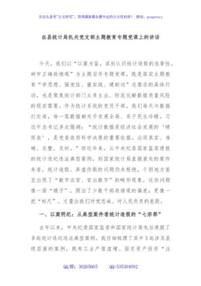 在县统计局机关党支部主题教育专题党课上的讲话