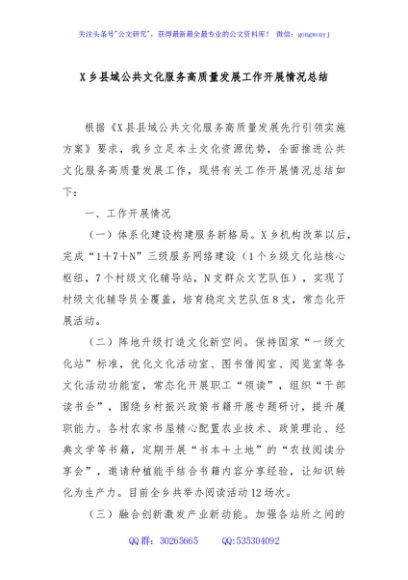 X乡县域公共文化服务高质量发展工作开展情况总结