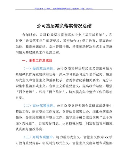 公司基层减负落实情况总结