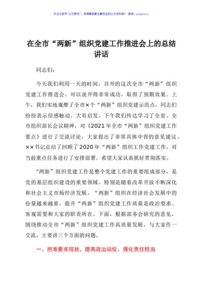 在“两新”组织党建工作推进会上的总结讲话